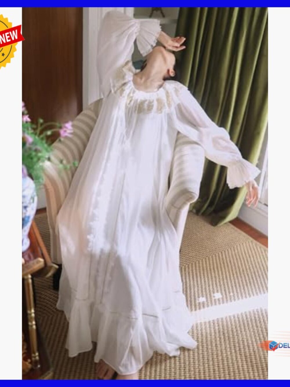Small Cotton Victorian Nightgown Robe Set Built-in Bra Lace Collar - Picture 5 of 7
